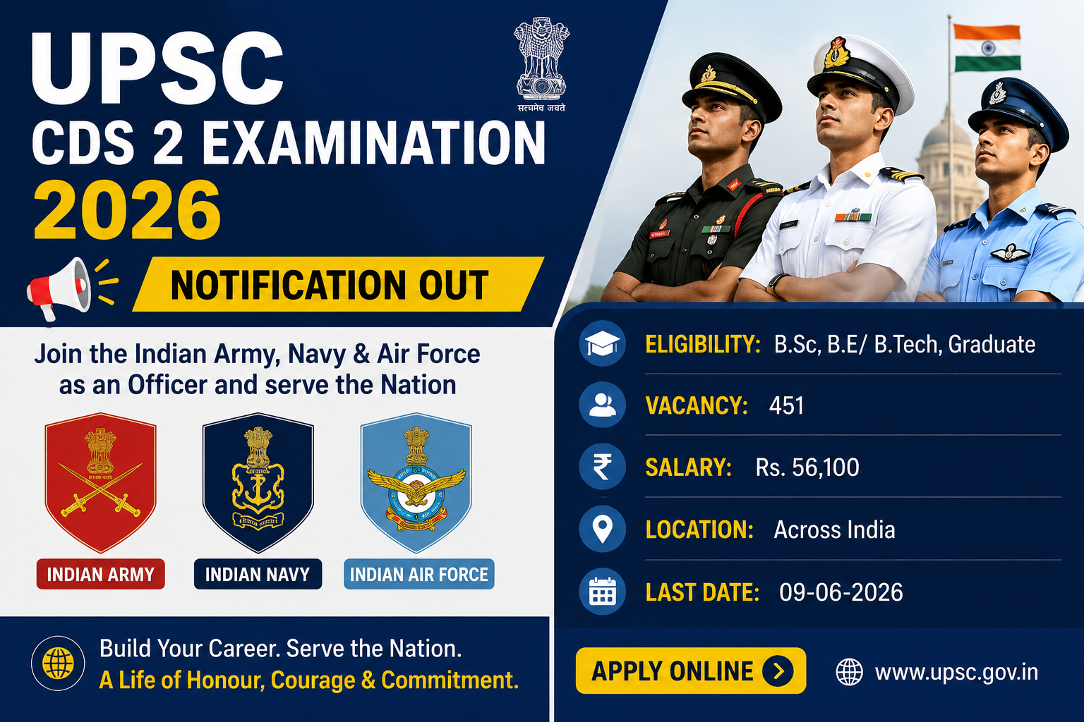 UPSC CDS 2 2026 Notification Out – Apply for Indian Army, Navy & Air Force Officer Posts