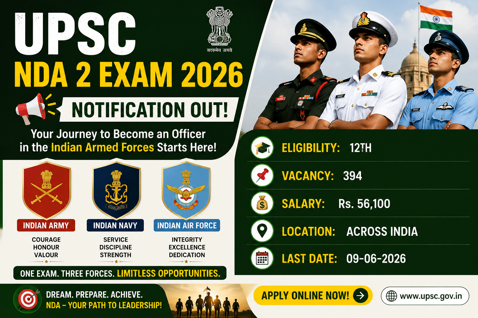 UPSC NDA 2 2026 Notification Out – Apply for National Defence Academy & Naval Academy